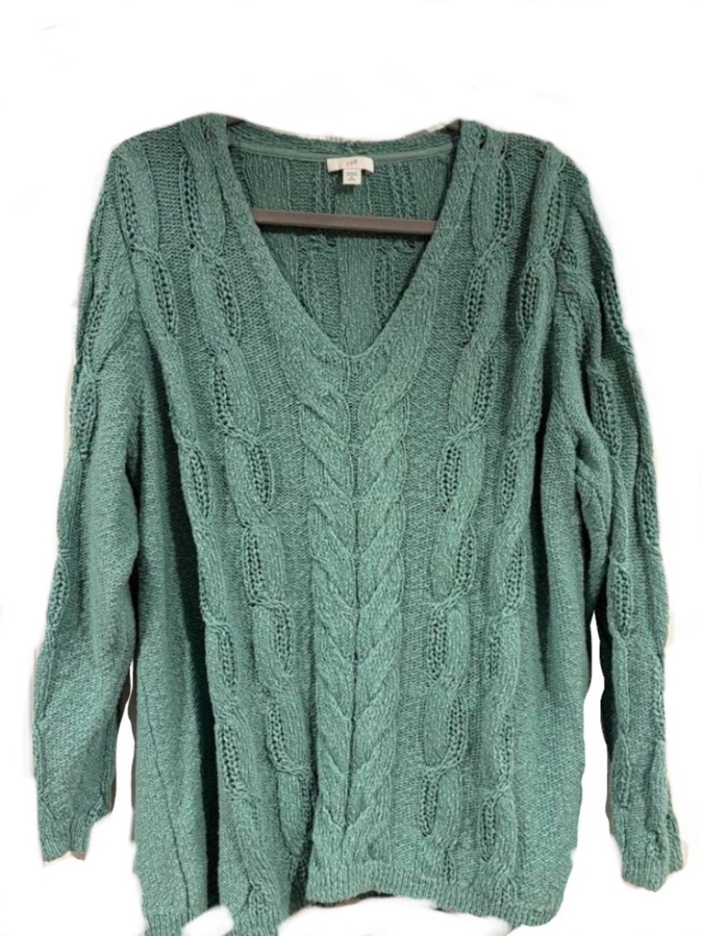 J Jill NWOT cable long sleeve cotton blend aqua green v neck sweater Petite XL